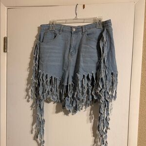 Distressed Denim Fringe Shorts